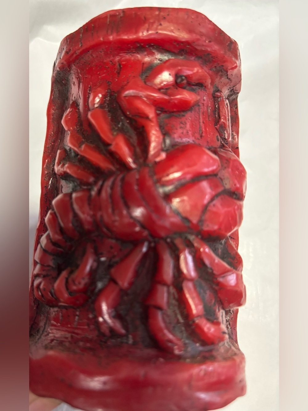 Vintage German Lobster Pillar Candle Red Black Carved Wax Nautical Decor 6”